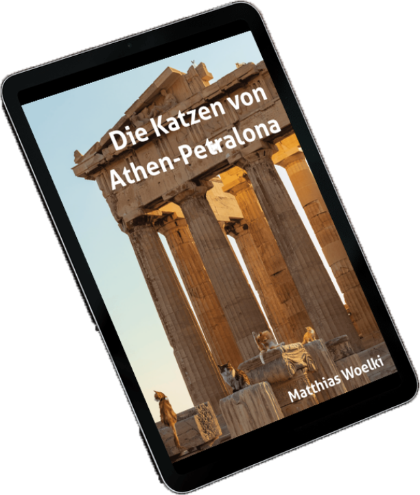 Tablet-Ansicht zum Buch "Die Katzen von Athen-Petralona", enthält Link zur Bestellung des E-Books